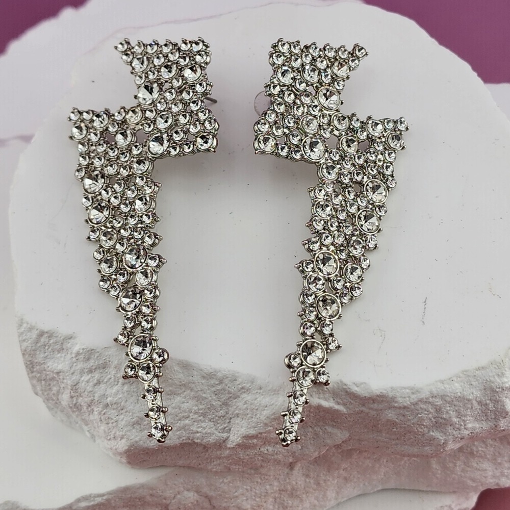 Clear Rhinestone Lightning Bolt Dangle Earrings Silver Tone Statement Glam Pair